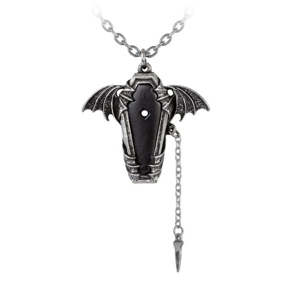 Alchemy Gothic Eternal Sleep Pendant Bat Wing Black Coffin Poker on Chain NWT - Picture 3 of 5